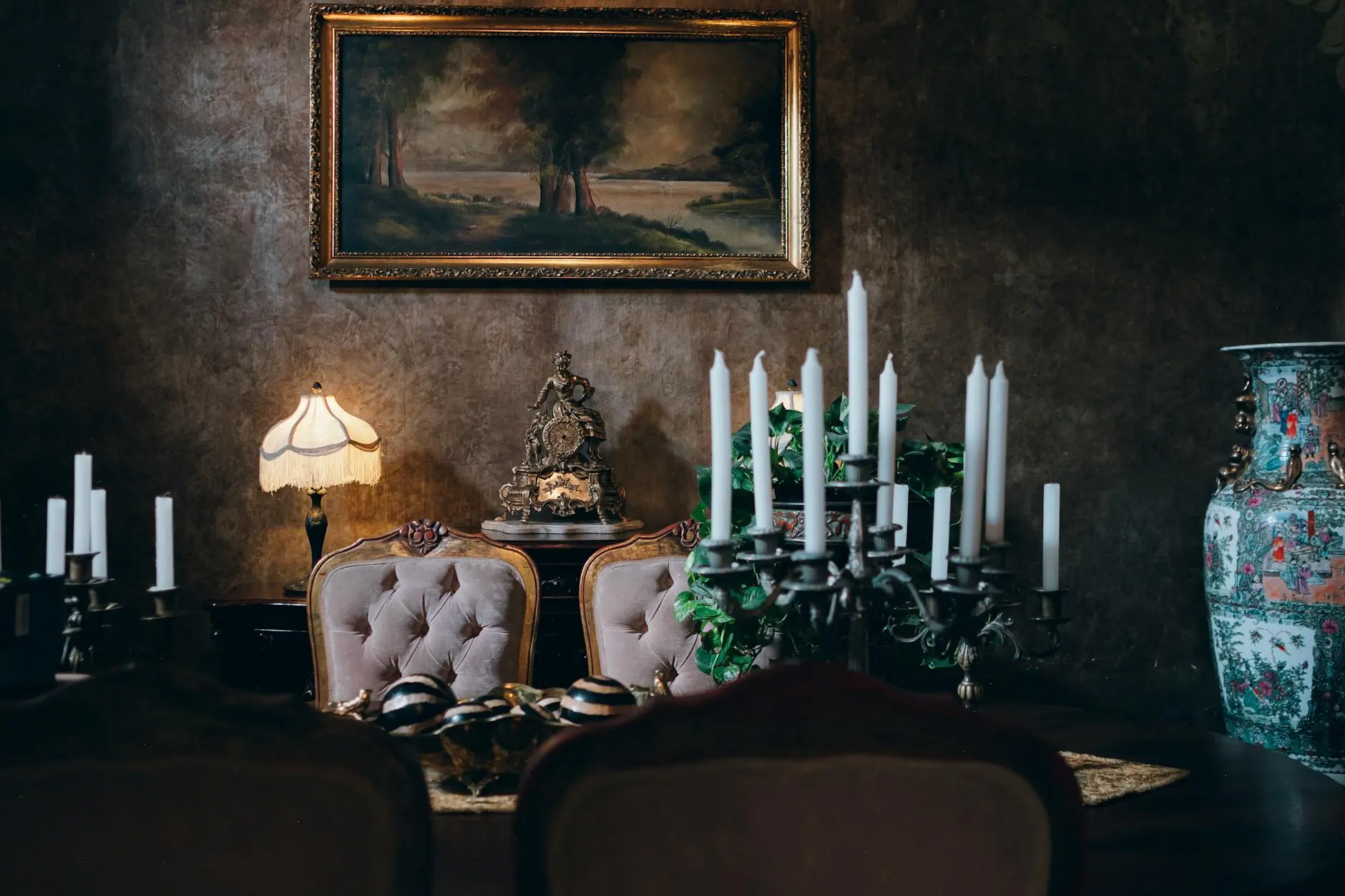 Sophisticated vintage room with elegant decor, candlelight, and classic artwork